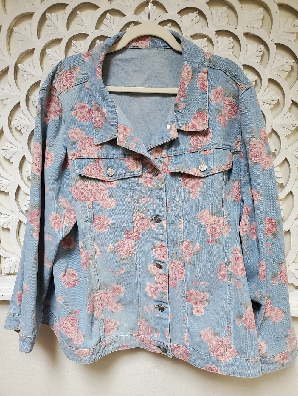 Pink Rose Floral Light Blue Denim Jacket NWOT Size 4XL
